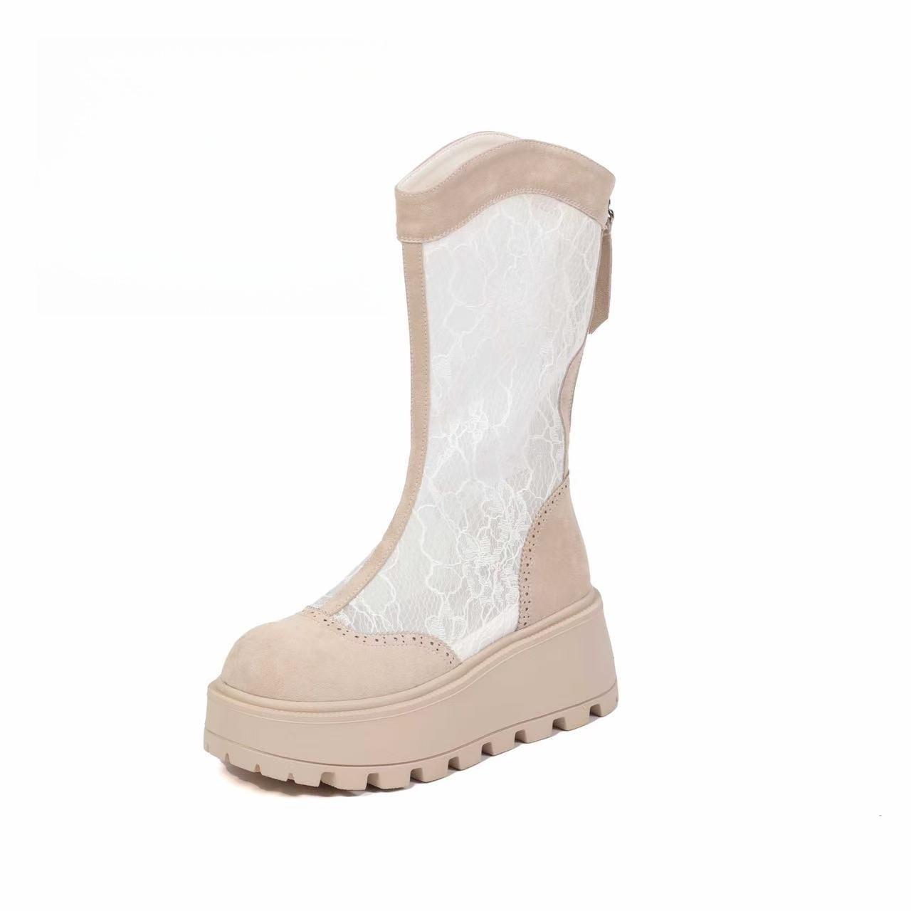 

Small lace medium boots thin 2025 spring and summer new hollow mesh short boots versatile thick-soled heightening women s boots 40