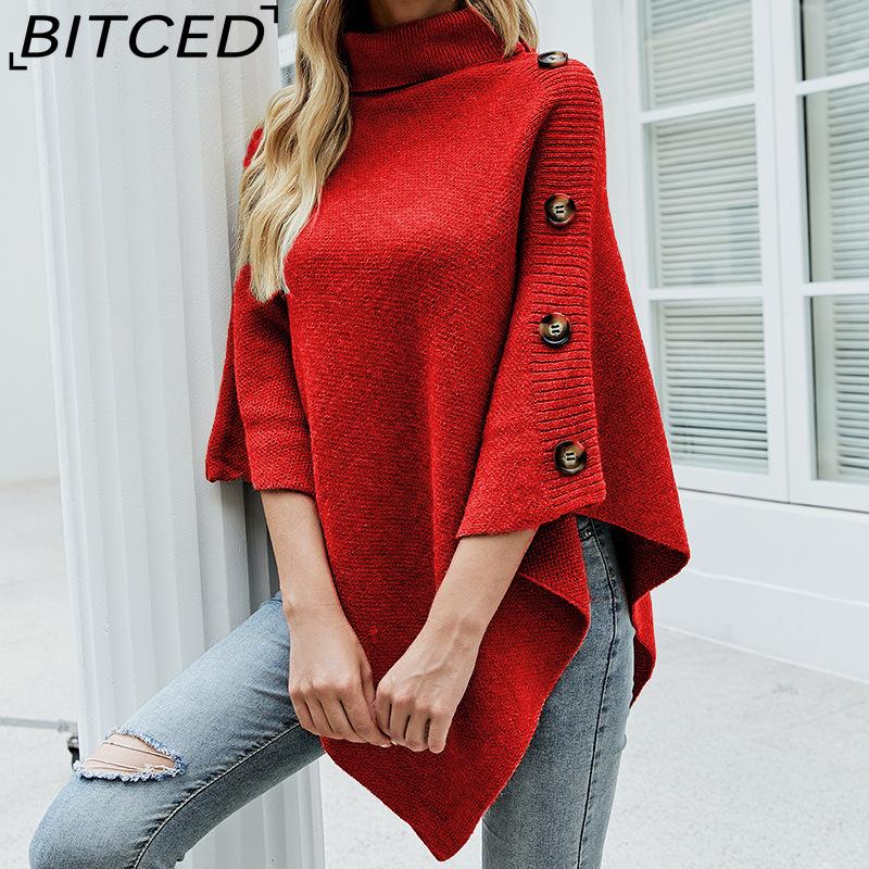 BITCED Autumn/Winter Women's Shawl Cape Sweater Solid-Colour High-Neck Knitted Cardigan