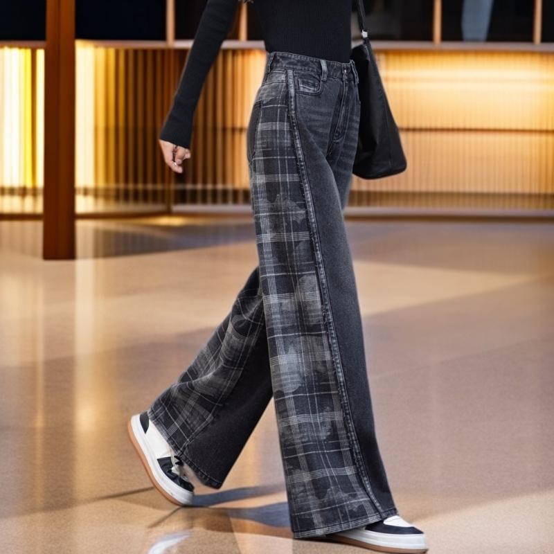 

High-Waist Retro Plaid Patchwork Jeans: Loose, Slimming, and Versatile Wide-Leg Pants for Autumn/Winter XXXL 140-155kg