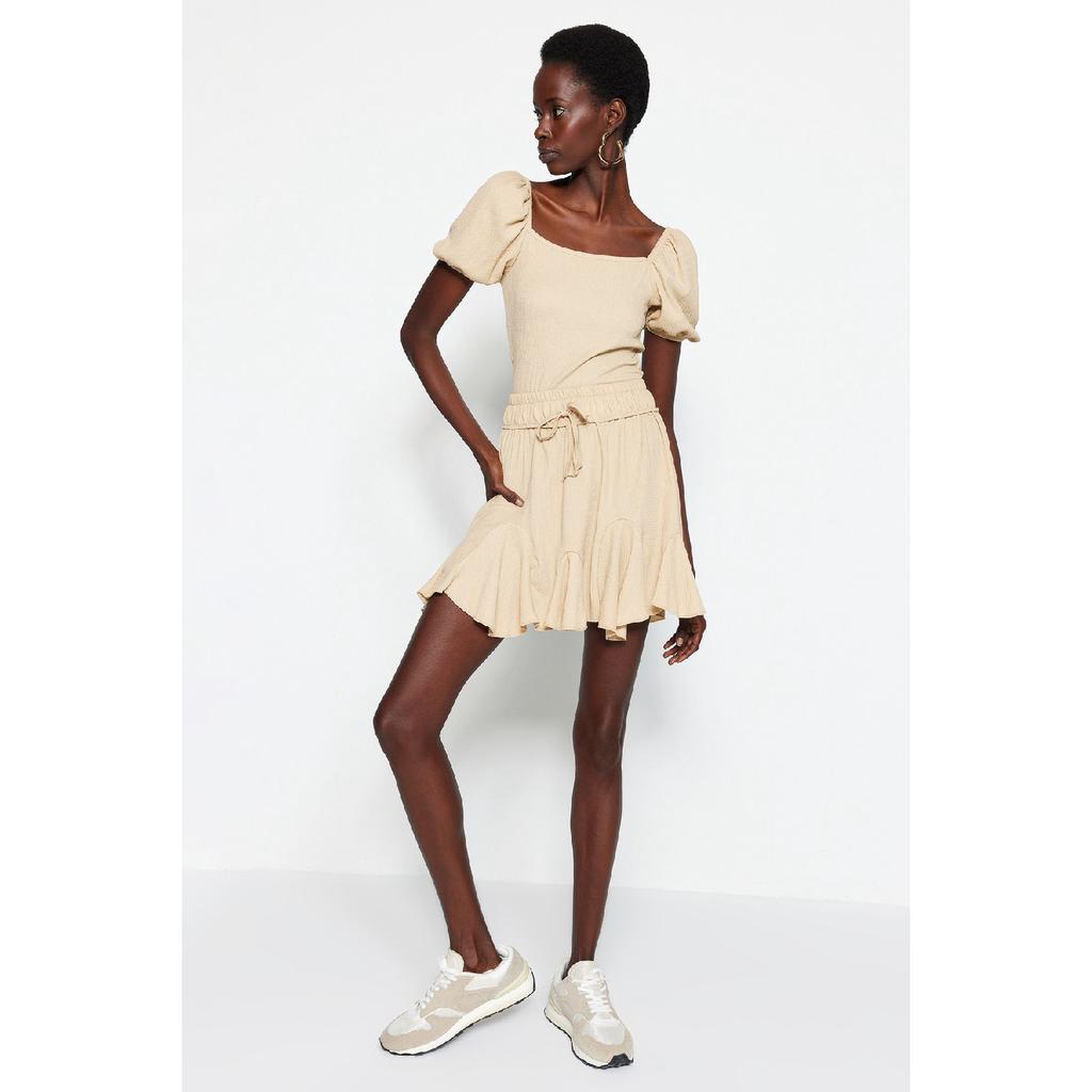 Schwarzer Rock mit Rüschen und normaler Taille, Mini-Strickrock aus Krepp Twoss21et0056