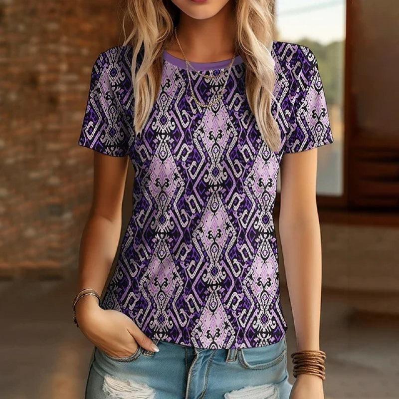 European and American women s 3D printed retro plaid T-shirt Amazon summer versatile casual sweatshirt S