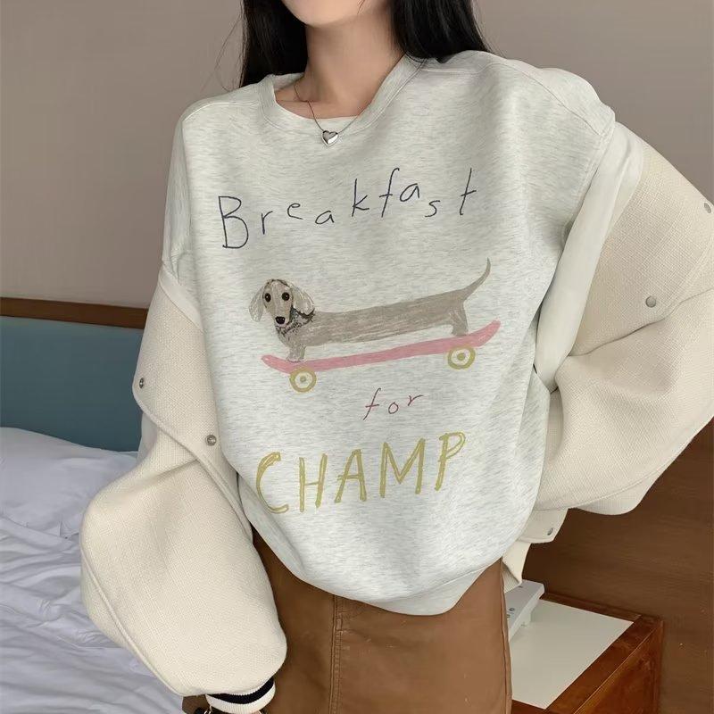 Women Cartoon Print Sweatshirt Casual Long Sleeve Crewneck Pullover Tops Loose Sweatshirts Letters Printed Hoody
