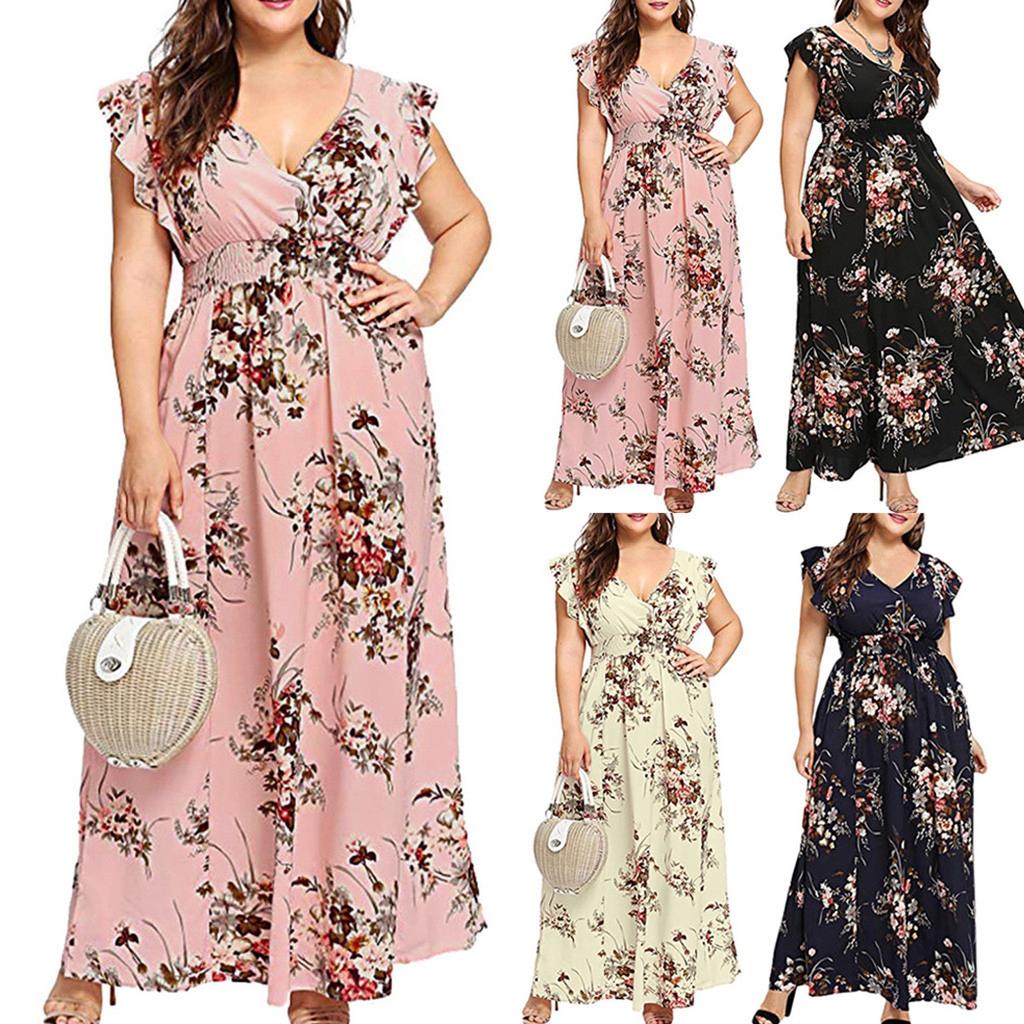 Women's Casual Floral Print V-Neck Ruffle Sleeveless Plus Size Dress Long
