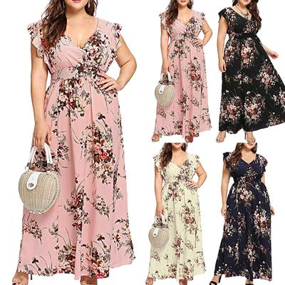 Women's Casual Floral Print V-Neck Ruffle Sleeveless Plus Size Dress Long