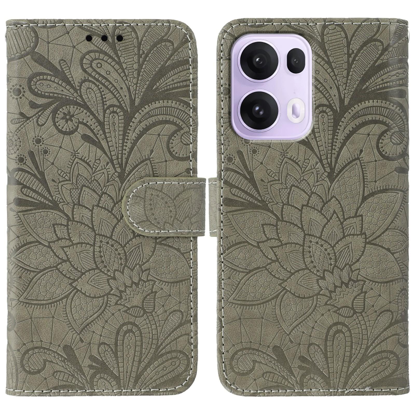 

For Oppo Reno13 Pro 5G Case Lace Flowers PU Leather Flip Wallet Phone Cover Grey