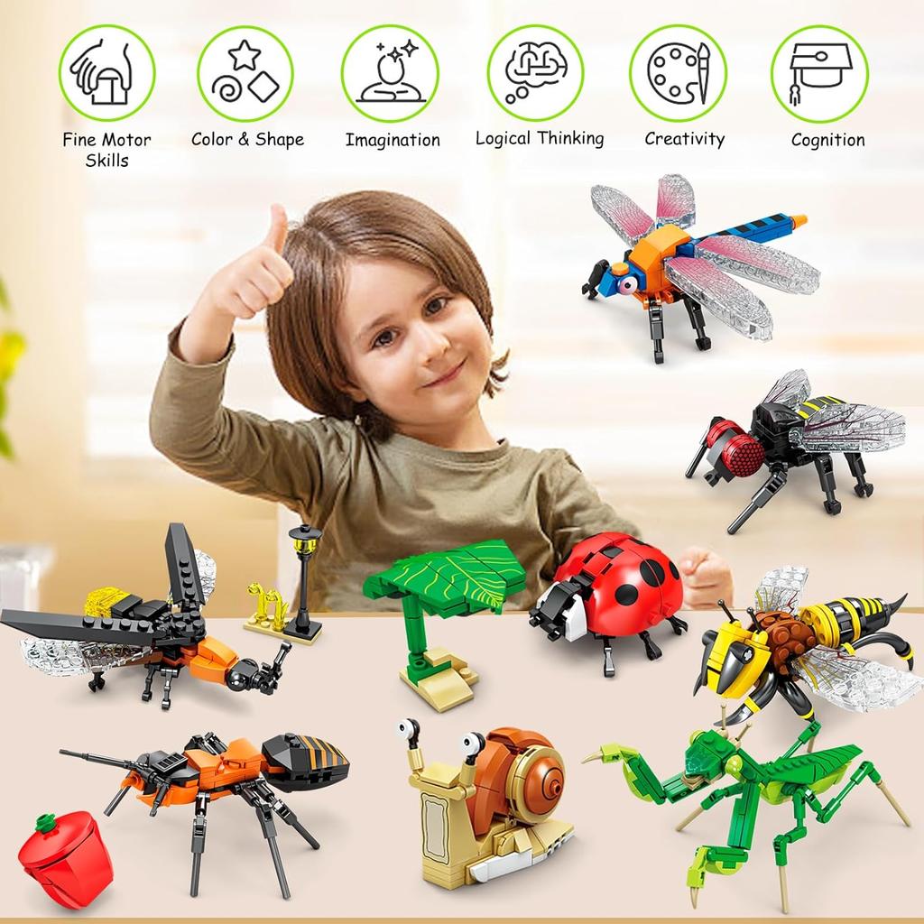 Insect and Bug Building Blocks Toys Beetle Mantis Bee Snail Block Insects Set for Children's Brain Game Puzzle Toy Animals Gift
