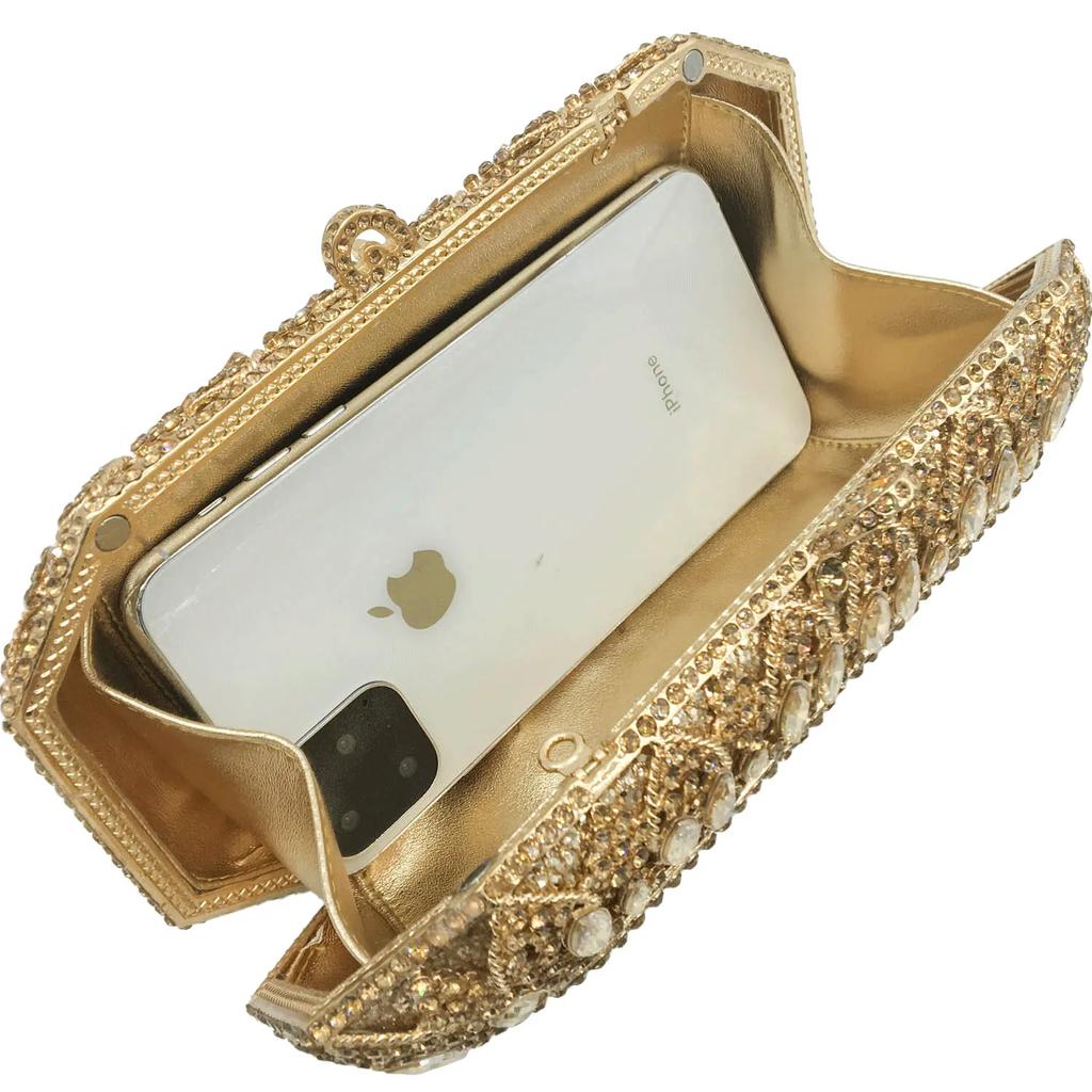 Boutique De FGG Elegant Bling Women Gold Crystal Clutch Evening Bags Wedding Party Rhinestone Box Handbags Minaudiere Purse