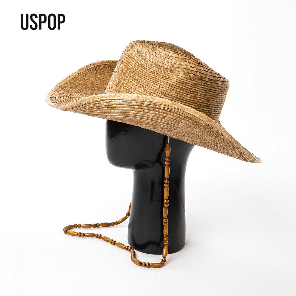My Extreme Outdoor Activities Women's Uspop Handmade Palm Leaf Cowboy Hat Wide Brim Upturned Sun Hat With Wooden Bead Chain Summer Beach Travel Outdoor Straw Hat 59Cm