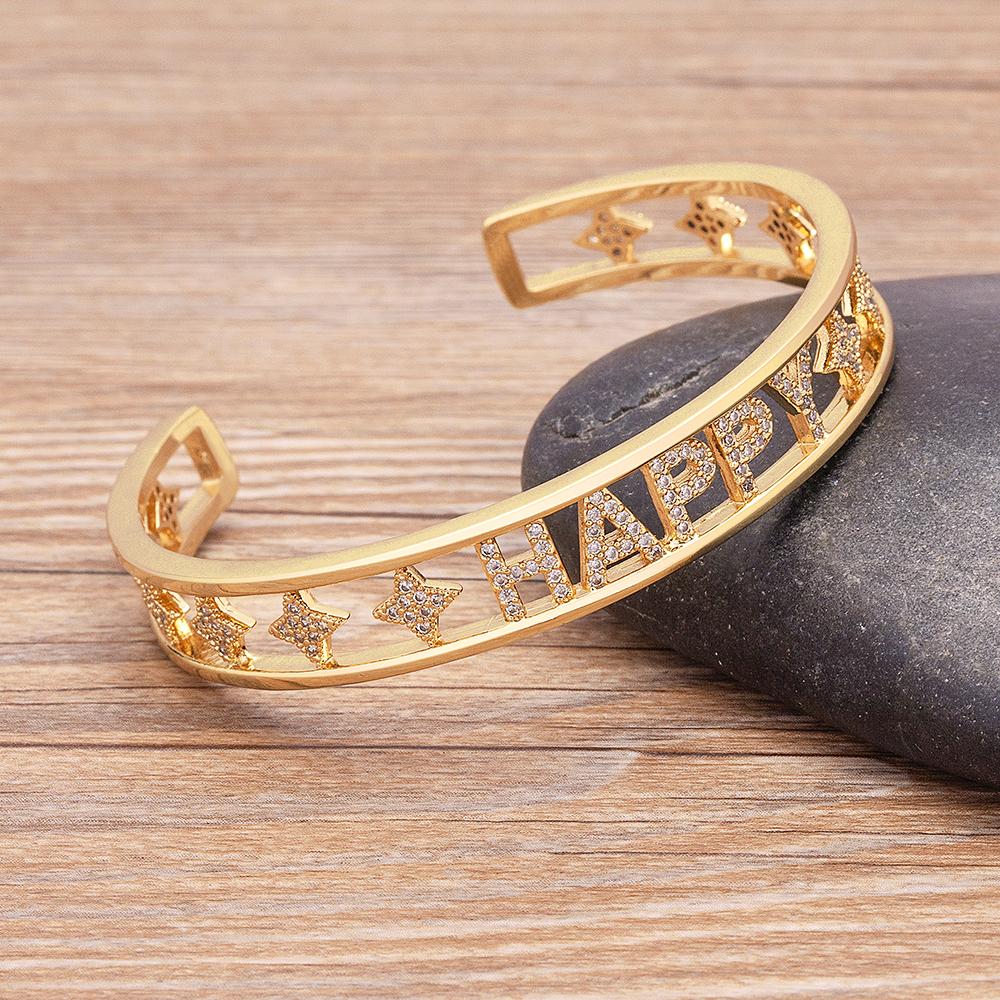 Top Quality Personalize Gold Color Hollow HAPPY Letter Opening Cuff Bangle Bracelet For Women Girls Fashion Party Jewelry Gift