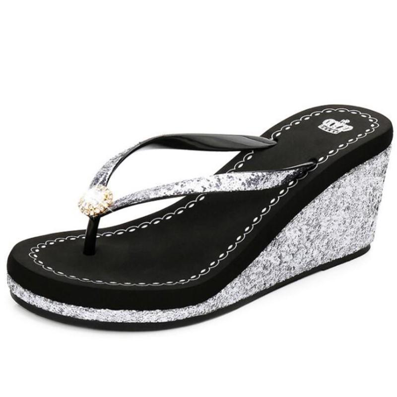 New summer Sequins Thick Bottom Slippers Sandals Summer Women Beach Wedges Shoes Sexy High Heel Rhinestone Flip Fops women