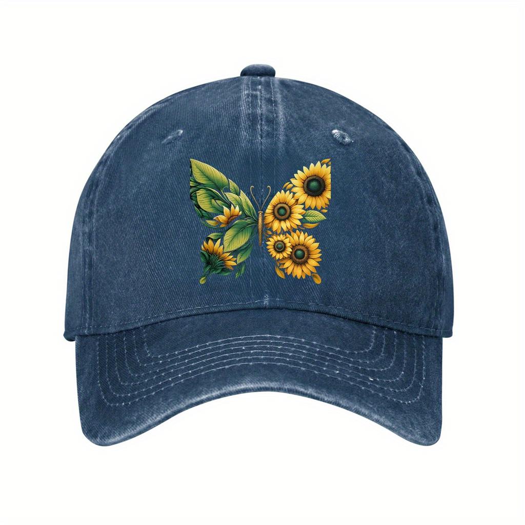 Sunflower Butterfly Print Cotton Baseball Cap Vintage Washed Dad Hat Adjustable Casual Cap