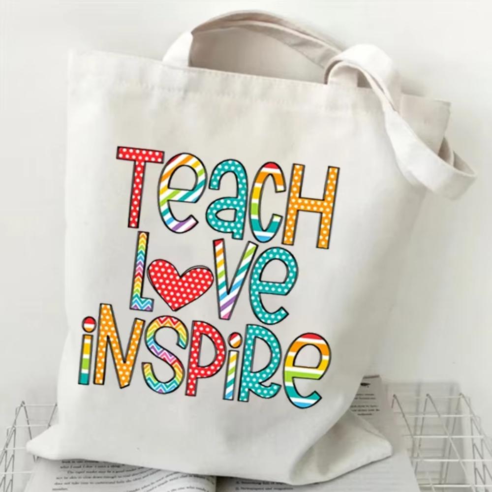 Teacher's Day Gift Teacher Print Canvas Tote Bag Women Handbag Colored Letters Teacher Canvas Tote Bag Floral Shoulder Bag