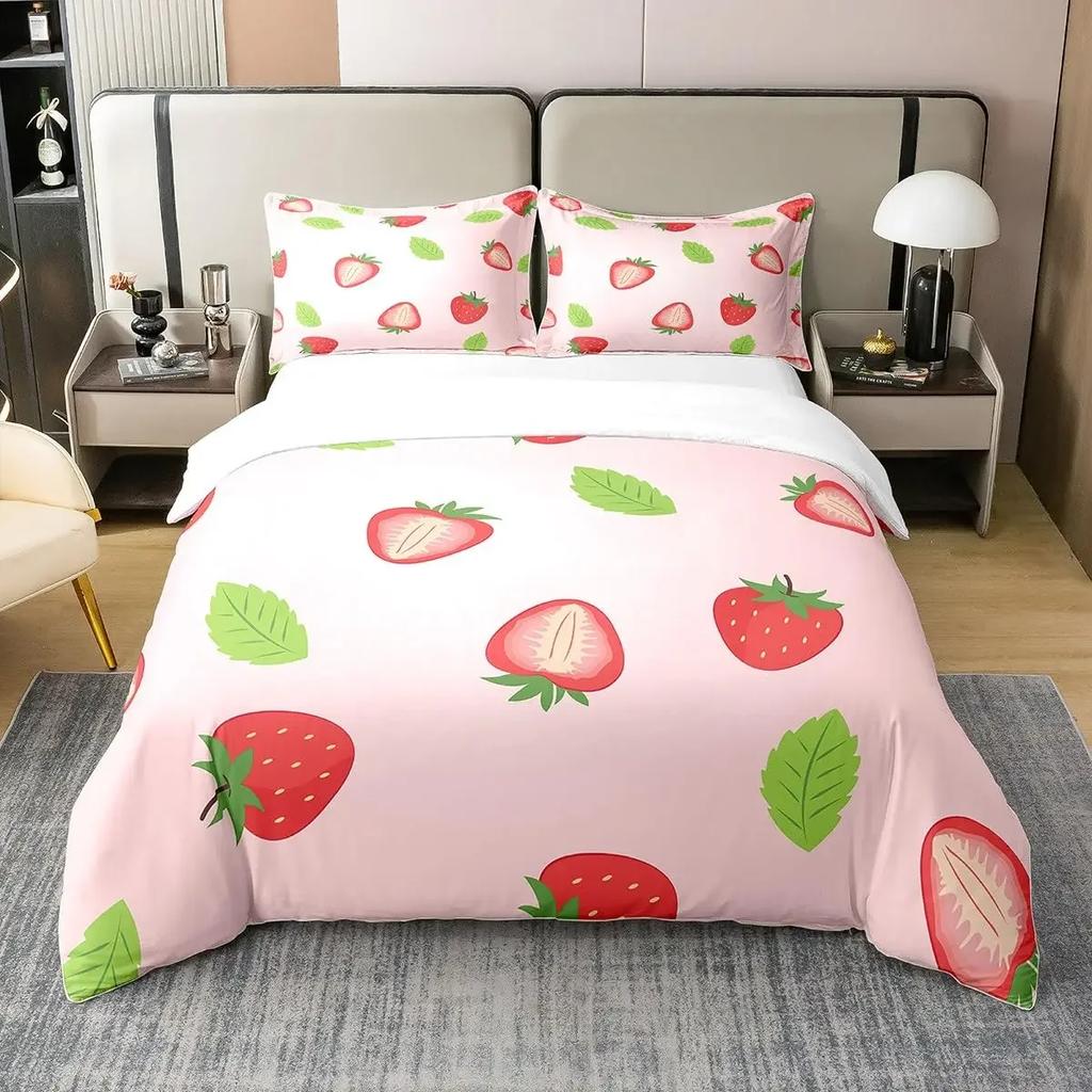 3Pcs Full Size Sweet Strawberry Bedding Set Duvet Cover for Kids Children Teens Comforter Cover Bed Room Decor Pink Quilt Cover