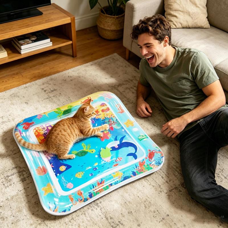 Cat Water Mat Inflatable Cooling Play Pad with Interactive Fish Toy Anti-Scratch Thickened Mat for Cats Dogs Summer Indoor Floor