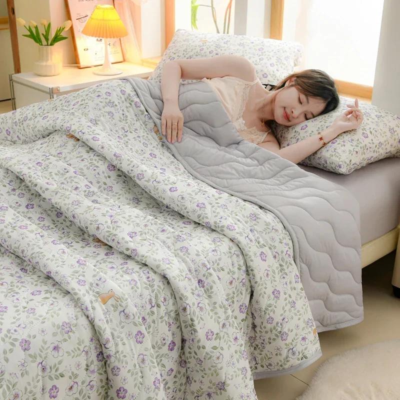 New Floral Spring Summer Quilt and Pillowcase Soft Skin-friendly Single Double Blanket Knitted Breathable Thin Comforter Duvet