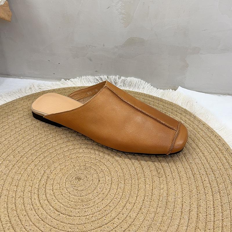 Johnature Retro Splicing Šití Ploché Pantofle Kulatá Špička Pravá Kůže Měkká Podrážka Jednobarevné Dámské Boty