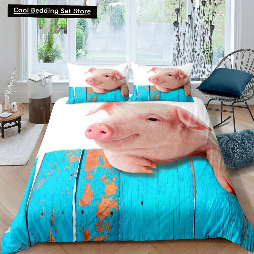 Cartoon Kawaii Pig King Queen Duvet Cover Happy Farm Animal Bedding Set Pink Piggy Quilt Cover 2/3pcs Polyester Comforter Cover