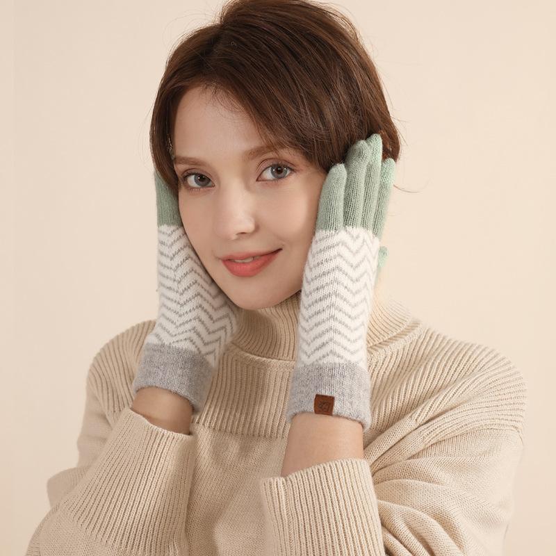Winter Wool Wool Touch Screen Full-finger Gloves Women's Japanese Wavy Warm Gloves Outdoor Cold-proof Adult Gloves