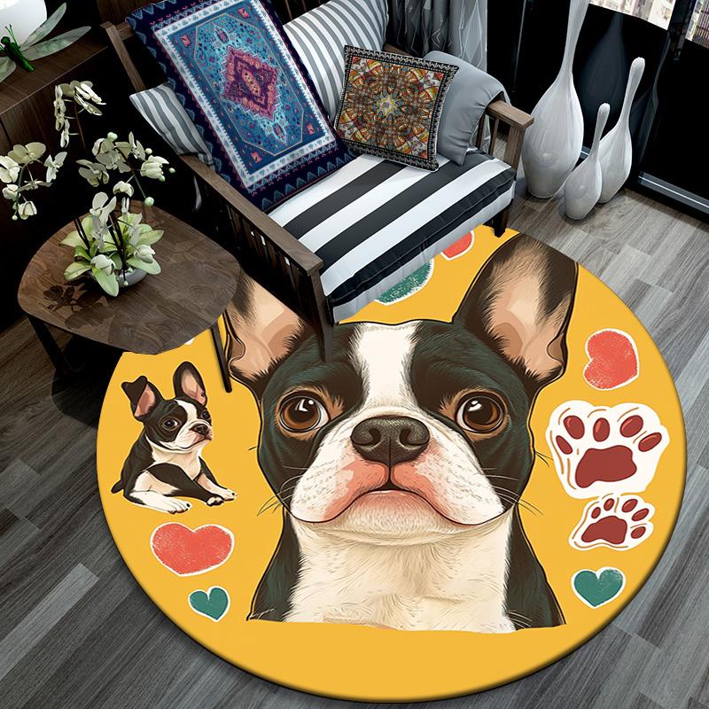 Okrągły dywanik z buldogiem francuskim, Dywanik do salonu, sypialni, przy sofie, pokoju zabaw, Mata podłogowa antypoślizgowa
