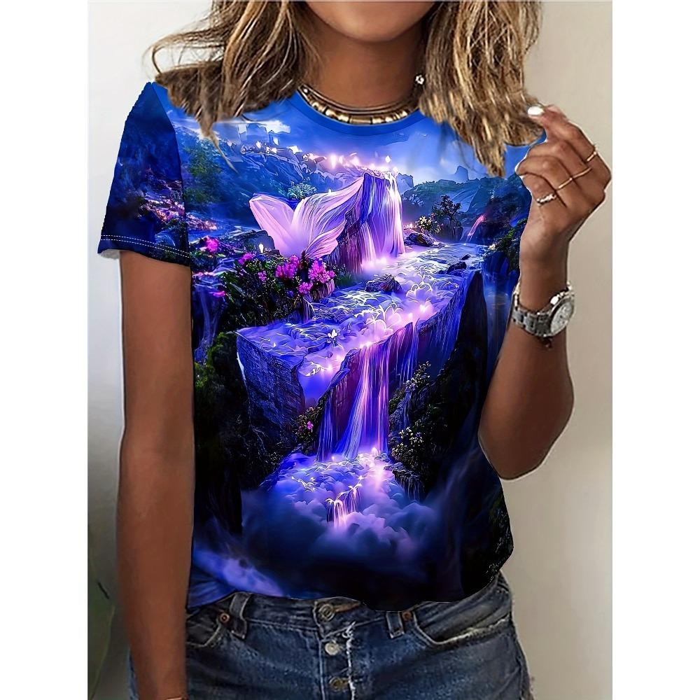 

Women s Tee - Magical Glowing Waterfall Graphic, Enchanted Fantasy Landscape Design for Casual Daily Wear S