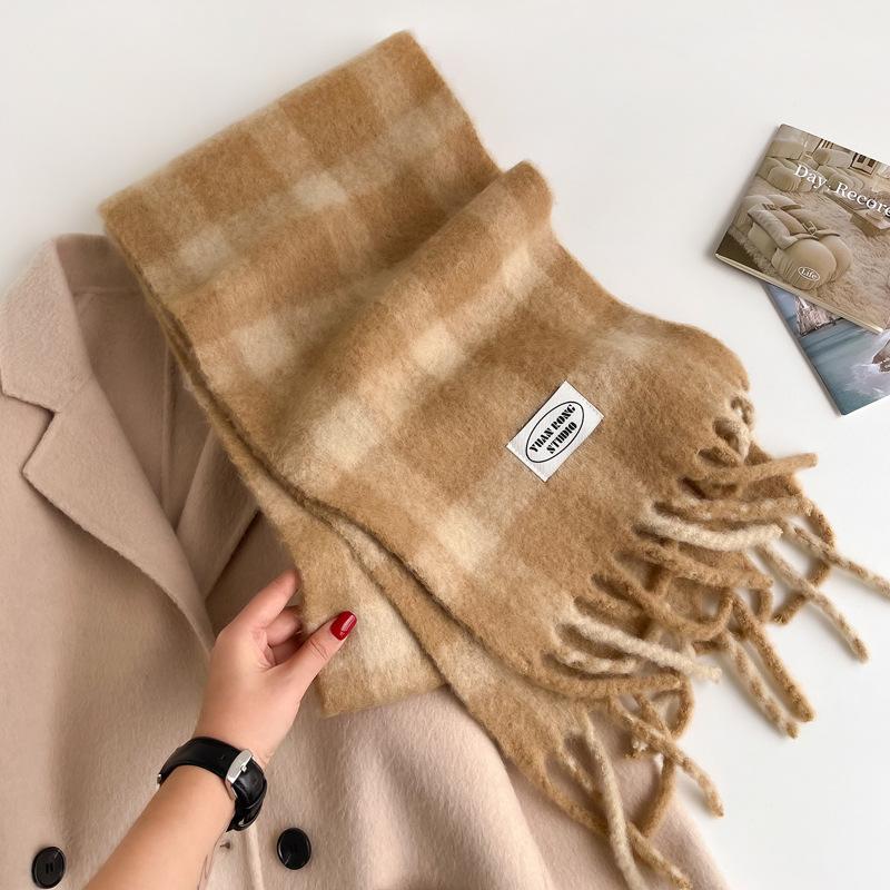 Coffee temperament wool blended knitted scarf women's winter versatile thickened warm scarf