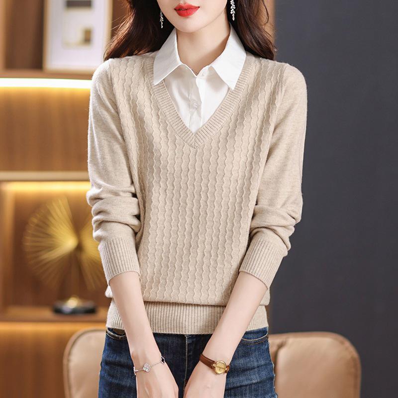 2025 Chic Two-Piece Knit Top with Shirt Collar - Fashionable Spring/Autumn Sweater for Women