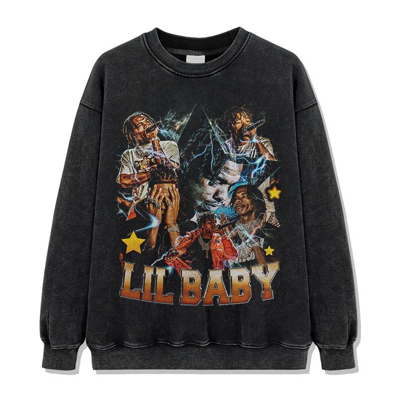 Hip Hop Hooded Sweater, Long Sleeve T-Shirt Babe Crew Neck Lil B Vintage Aby Print Short Sleeve Lil Street Tide