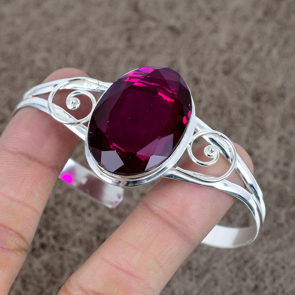 Pink Amethyst Gemstone Handmade 925 Sterling Silver Cuff Bangle Adjustable KKG-228