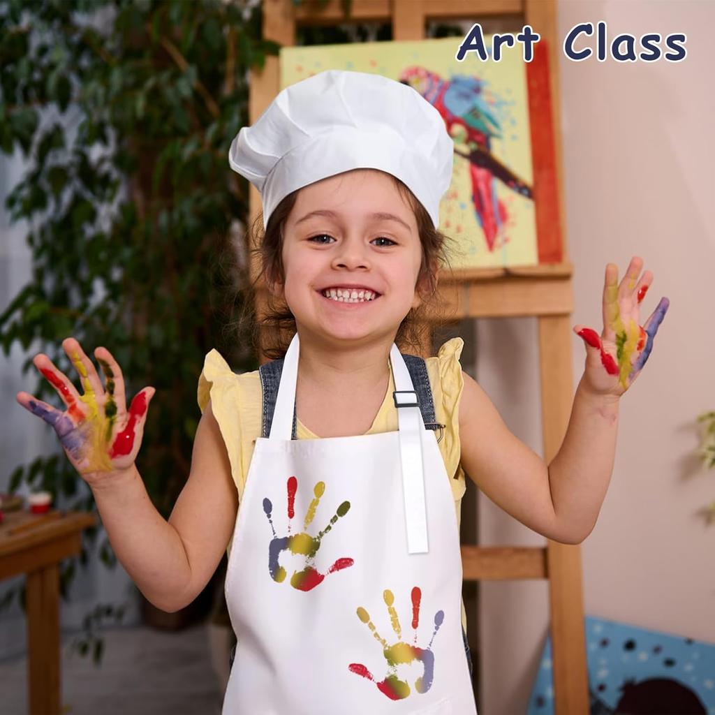 Kids Apron and Chef Hat Set, 30 Pieces Adjustable for Cooking Baking Painting, Ages 6-13, White