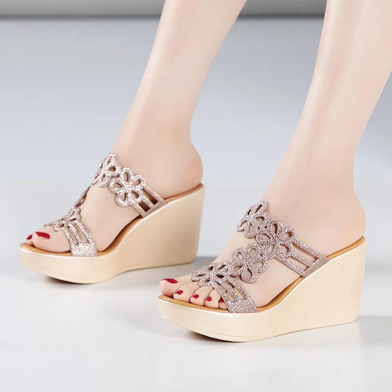 Plus Size 32-43 Silver Gold Cutout Rhinestone Platform Shoes Women Summer 2025 High Heels Slides Chunky Wedges Slippers Party