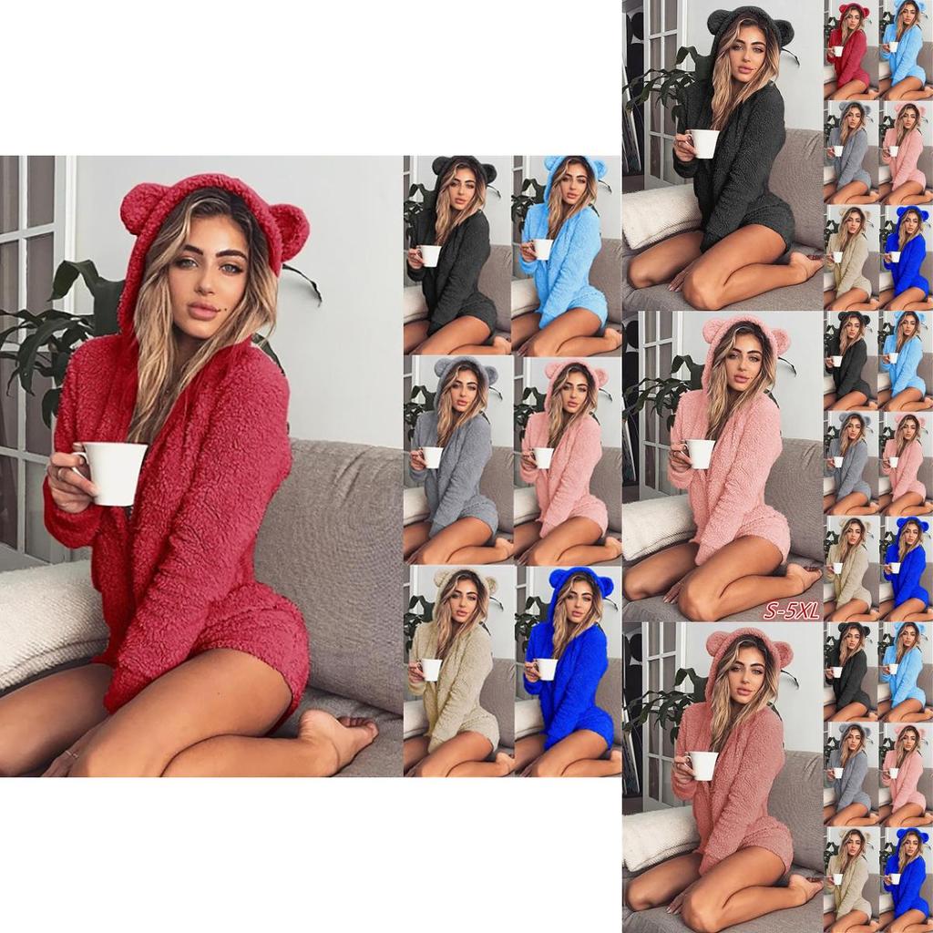 Cozy Women's Fluffy Faux Fleece Hooded Shorts Romper Pajamas Nightwear Set