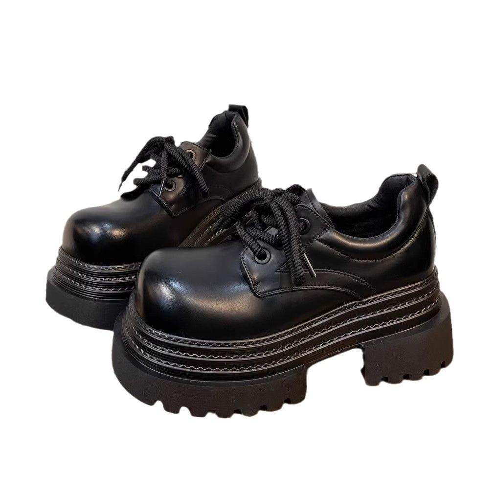 2025 New Muffin Platform Big Head JK Small Leather Shoes Women's Small Derby Shoes British Style Lace-up Loafers