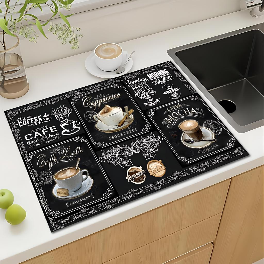 1Pcs Rubber Drying Mat With Retro Coffee Tableware For Coffee Shop Restaurant Kitchen Carpet Tableware Durable Diatom Mud Table Mat Pet Mat KTY