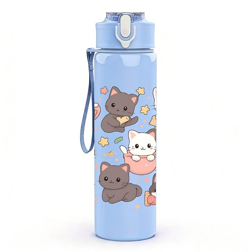 1PC Multi Cat Cute Repeat Pattern 750ml Color Plastic Sports Water Bottle Leakproof Flip Straw Lid Suitable for Sports Office Home Use