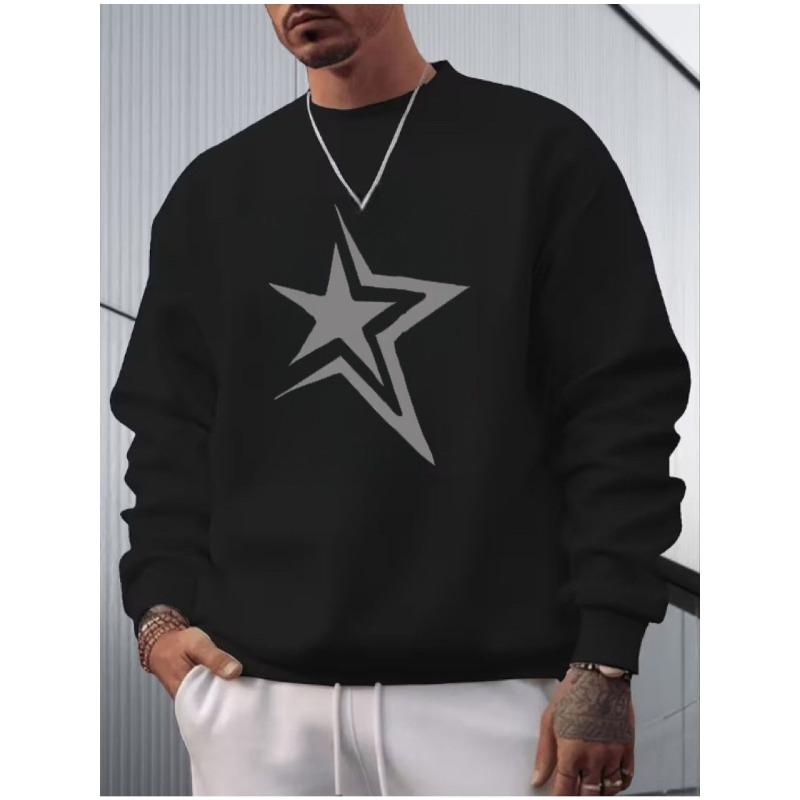 Daily Casual Men Multi-color Crew Neck Sweatshirt Double Star Minimal Print Street Trend Spring Autumn Loose Drop Shoulder Commute Travel Top