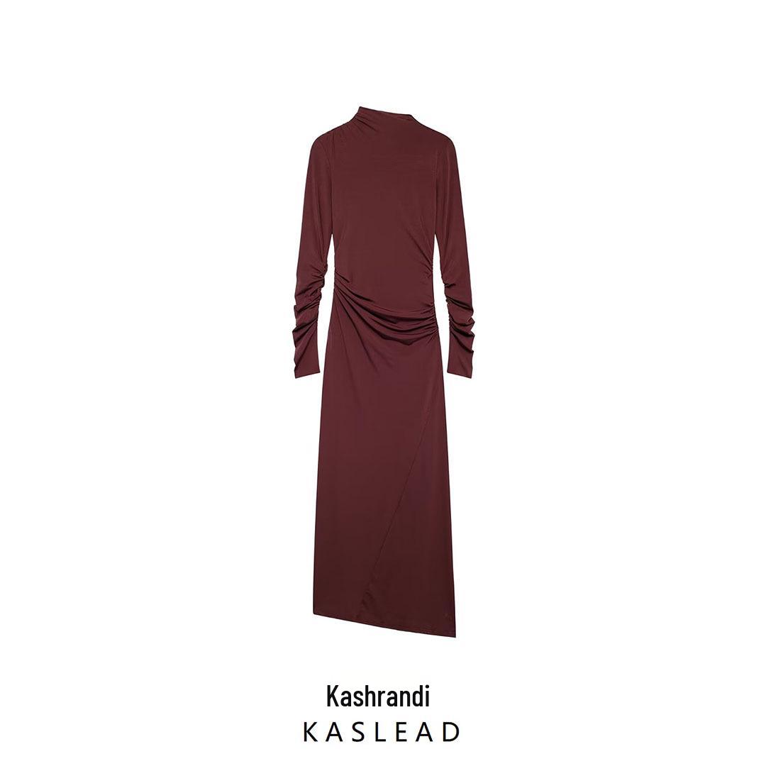 

2024 European & American Style Women s Autumn Slimming Pleated Long Dress XS бордовий