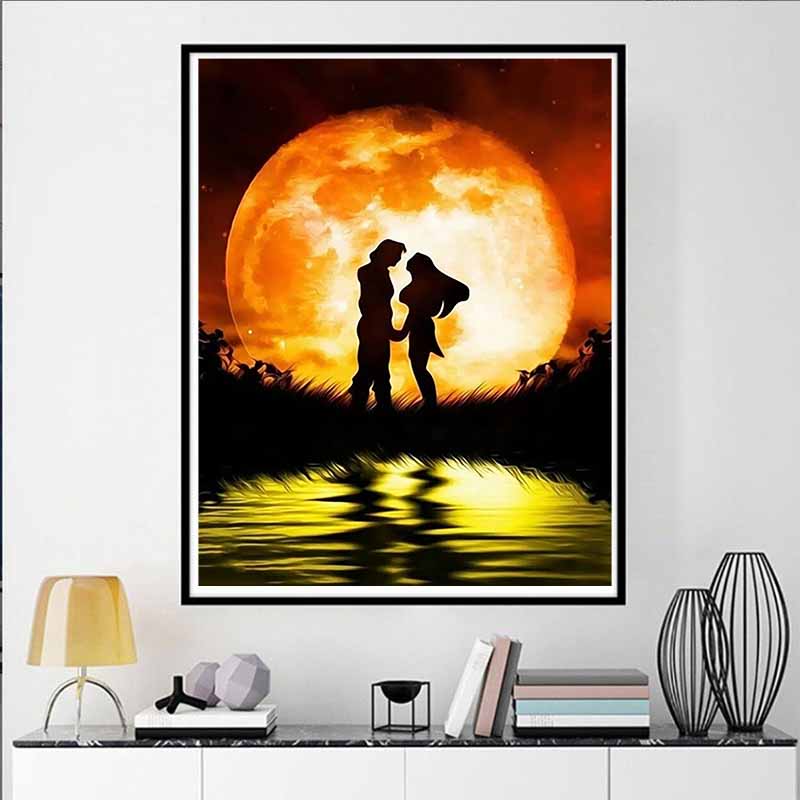 Disney Diamond Painting Couple Silhouette Under The Full Moon Romantic Theme Illustration Mosaic Handmade Hobby DIY Gift Home Decoration Embroidery