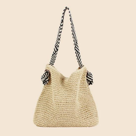 Korean-Style Navy Straw Woven Shoulder Bag - Handmade Versatile Beach Vacation Bag for Women