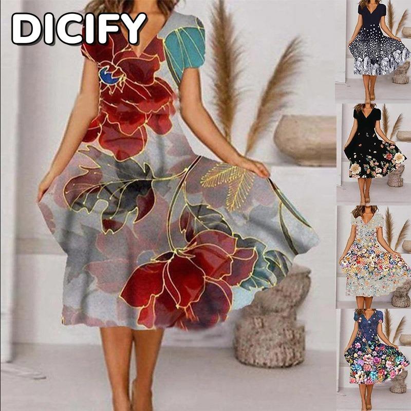 DICIFY Women's Fashion Summer Spring Short Sleeve V-Neck Casual Dresses