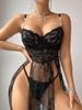 European and American Large-size Erotic Underwear Popular Sexy Lace Suspender Skirt Slit Perspective Pajamas Women's Suit