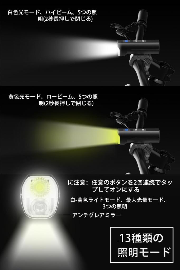 LEOSON Bicycle 5000mAh Type C 13 Lighting White and Yellow Light Digital Battery Level 1500 for Road and Cross Aluminum Alloy Bicycle Headlight for