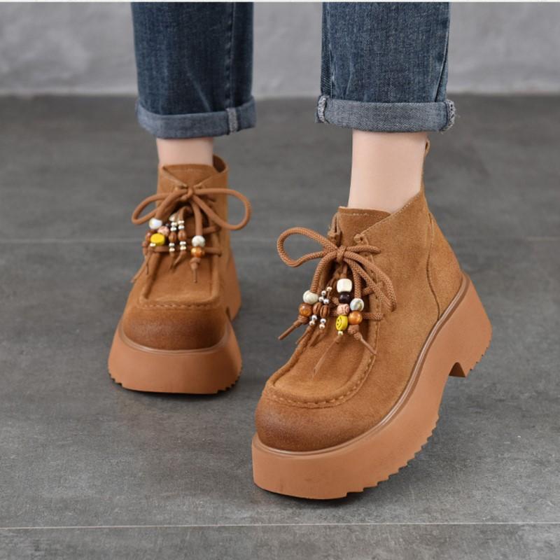 Johnature Thick Soled Handmade Beaded Round Toe Genuine Leather Short Boots Women's Lace-up Ankle Boots