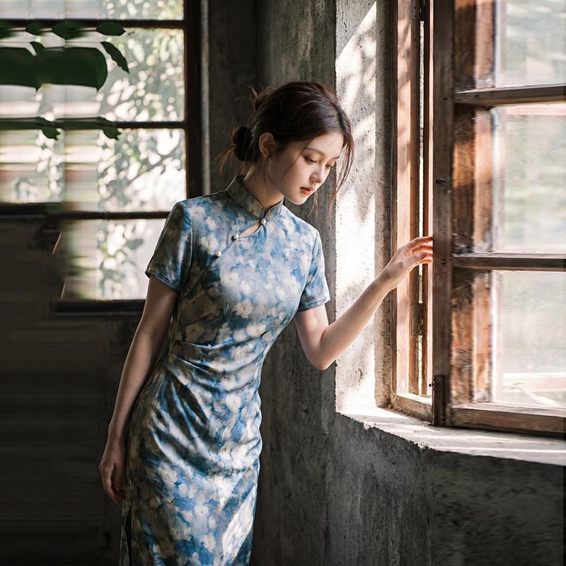 Blue Short-sleeved National Style New Chinese Daily Suzhou Long Cheongsam Improved Young 1011 New Women's High Sense
