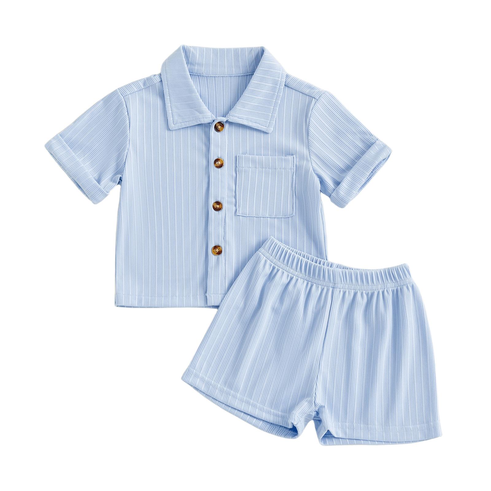 

Casual Toddler Baby Boys 2 Piece Outfits Summer Short Sleeve Turn Down Collar Solid Color Tops and Shorts Set 12-18M небо синє кольору