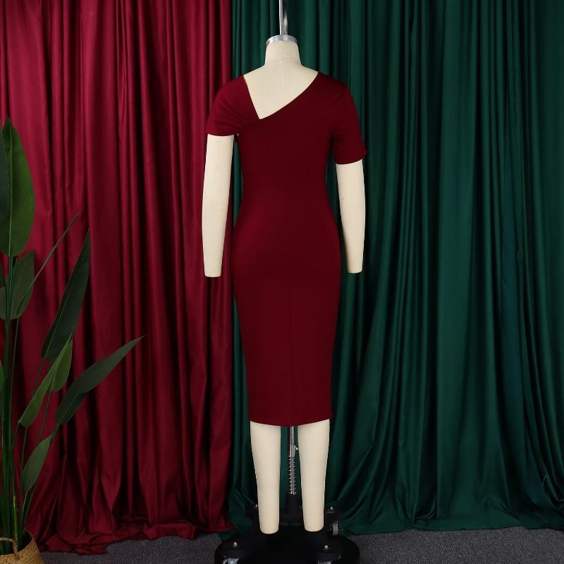 Women Fashion Elegant Solid High Waist Hip Wrap Short Sleeve Midi Dress