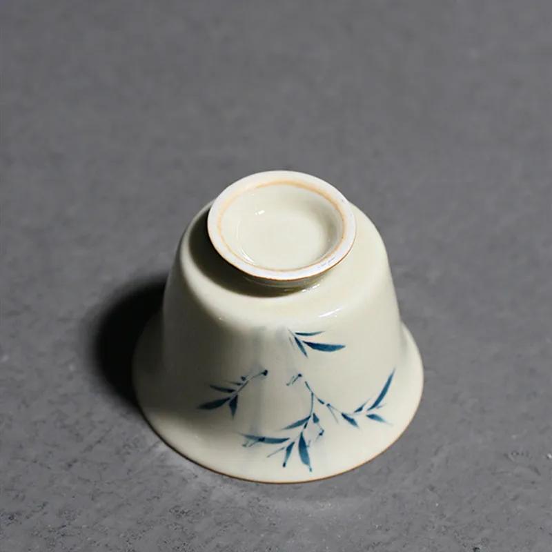 1 Pc Chinese Antique Ceramic Tea Cup Handmade Bamboo Leaf Pattern Tea Bowl Porcelain Teacup Household Teaware Master Cup 40ml