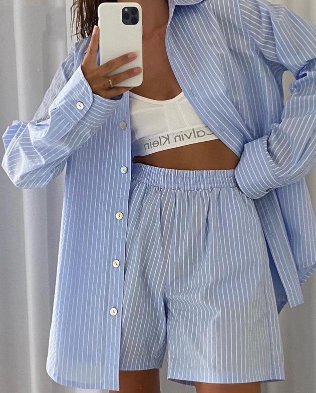 Casual Striped Two-Piece Set: Long-Sleeved Shirt & Wide-Leg Pants with High-Waist Shorts.