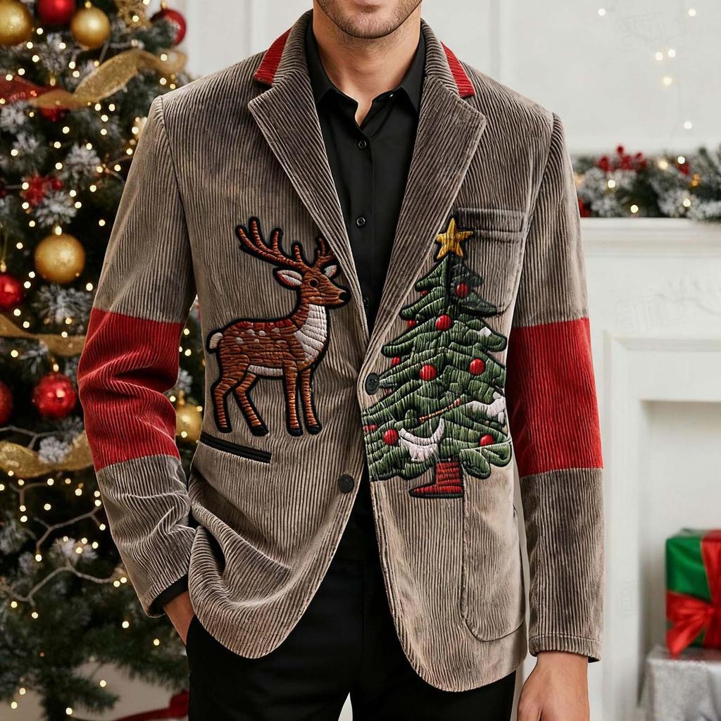 Men's Printing Corduroy Warm Pocket Suit Jacket Cardigan Men's Casual Suit