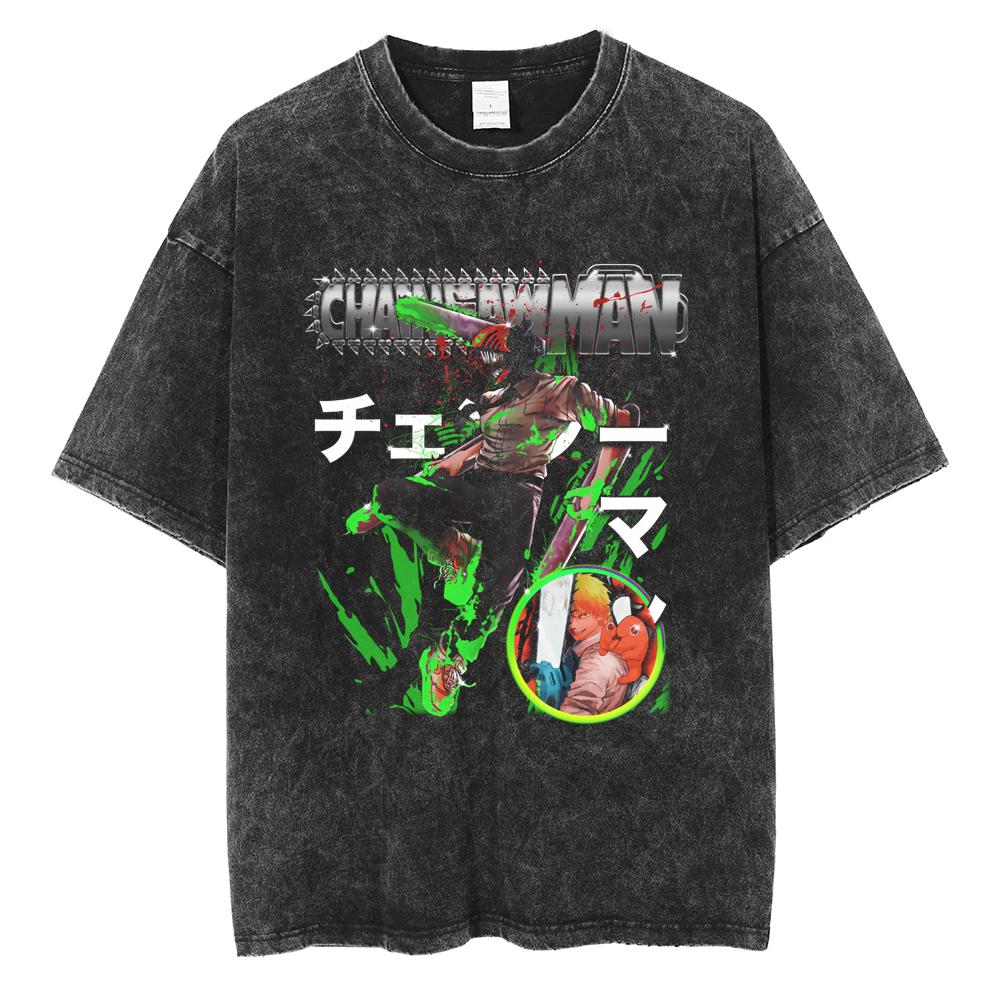 Anime Chainsaw Man Pochita Kawaii Printed Washed Tshirt Men Vintage Casual Tshirts Manga Cotton T Shirt Harajuku Male Tops