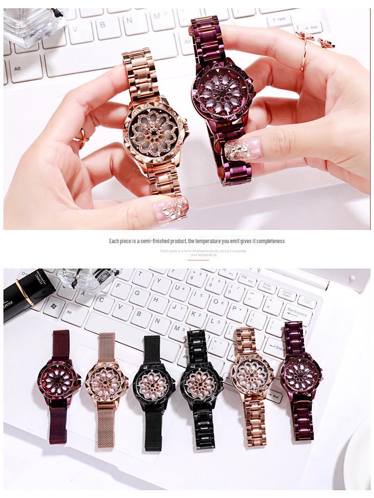 GEDI Luxusní dámské módní hodinky s diamanty, vodotěsné, s otočným rámečkem a páskem z nerezové oceli